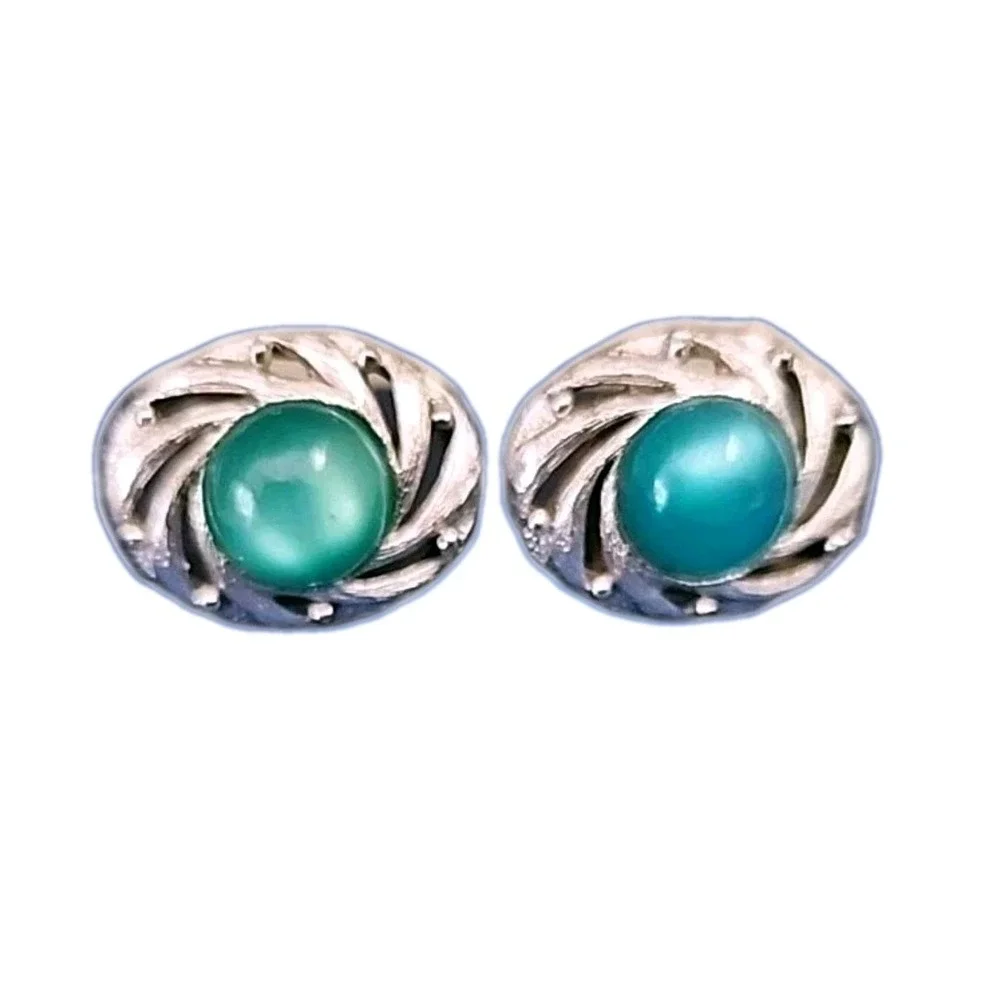 Vintage Green Moonglow‎ Cat's Eye Lucite Cufflinks Swank Silver Tone Oval Rare